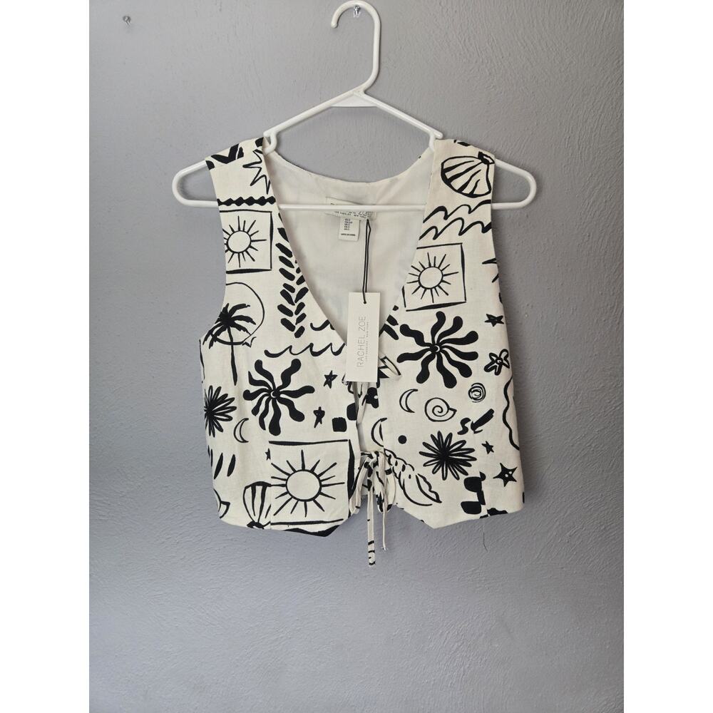 Rachel Zoe Women's Size Small Priscilla Doodle Print Linen Vest Cream And Black